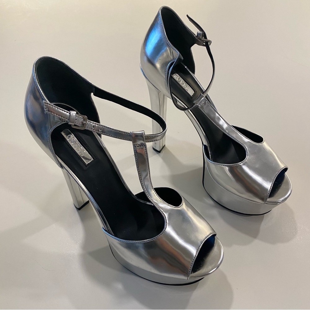 Guess Silver Peeptoe Platform Heels